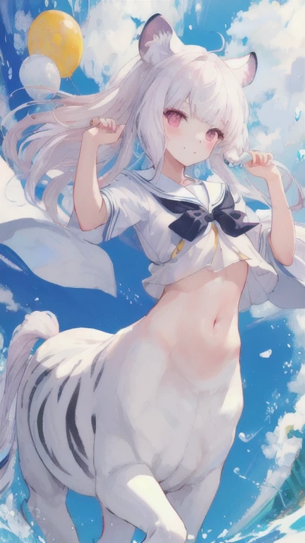 (best quality, masterpiece), 1 girl, centaur, I beg, White skin, Korean schoolgirl,black pink, exposing the abdomen, beautiful girl perfect, White tiger photo, 완벽한 White tiger photo