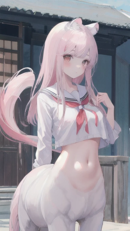 (best quality, masterpiece), 1 girl, centaur, I beg, White skin, Korean schoolgirl,black pink, exposing the abdomen, beautiful girl perfect, White tiger photo, 완벽한  White tiger photo