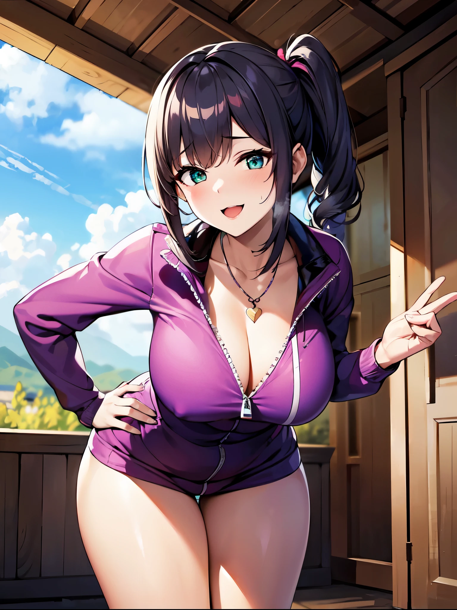 ((super high quality,Ultra-high resolution,16K,super masterpiece,Ultra HD,Ultra high definition:1.3,))One Girl,(Blonde:1.5,Short wavy hair:1.3),Short Side Ponytail,(Black-purple hair tie shaped like a butterfly:1.4,)Emerald eyes,Cleavage,((She is naked and wearing a shiny pink sweatsuit with an open chest.:1.5,)Tight collar,Large collar,Zipper from neck to navel:1.3,Fine zipper,sexly,)(light blue butterfly necklace:1.2,)Smiling happily at the camera,Close one eye and make a scissor hand with one hand,Place one hand on hip,leaning forward with her body angled forward,sweating all over,Angle looking up from below,a blue sky with clouds and sun,