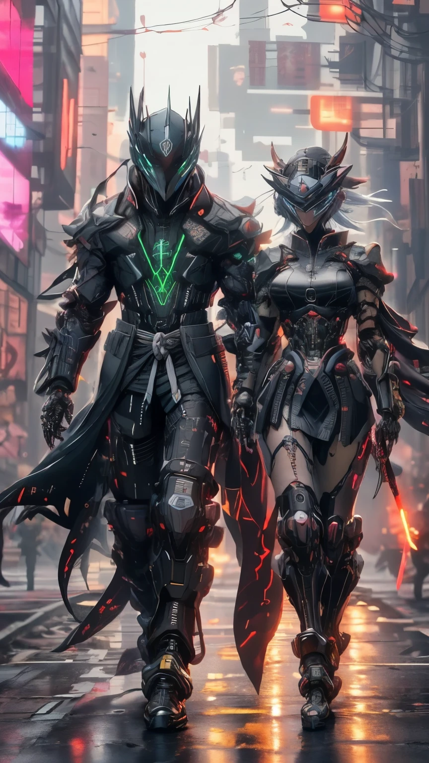 full body shot shot,There was a woman dressed in black and green,Perfect looks,Carrying a rucksack, cyberpunk face mask,Cyberpunk super long hair,cyberpunk streetwear, cyberpunk suit, cyberpunk street goon, Cyberpunk long cape,A cyberpunk extra-long mechanical tail is attached to the tail vertebrae,cyberpunk wearing, cyberpunk techwear, muted cyberpunk style, has cyberpunk style, cyber punk style, wearing cyberpunk streetwear, cyberpunk soldier, Hyper-realistic cyberpunk style, cyberpunk character design, all black cyberpunk clothes, Raven in cyber armor, Cyberpunk clothes.Two ninjas shinobis with a blade walks on the street, very beautiful cyberpunk samurai, cyberpunk samurai, street samurai, cyberpunk assassin, urban samurai, ominous assassin, neon samurai, epic ninja suit, cryptoblades, mask devil.demon samurai, all black cyberpunk suit, samurai jedi, cyberpunk hero, cgsociety 9, black samurai costume, surreal cyberpunk style, ninja costume.white hair. Walks.Walk on the road.Walking on the street is cool.carry the sword on his shoulder.lolita demon.red suit.