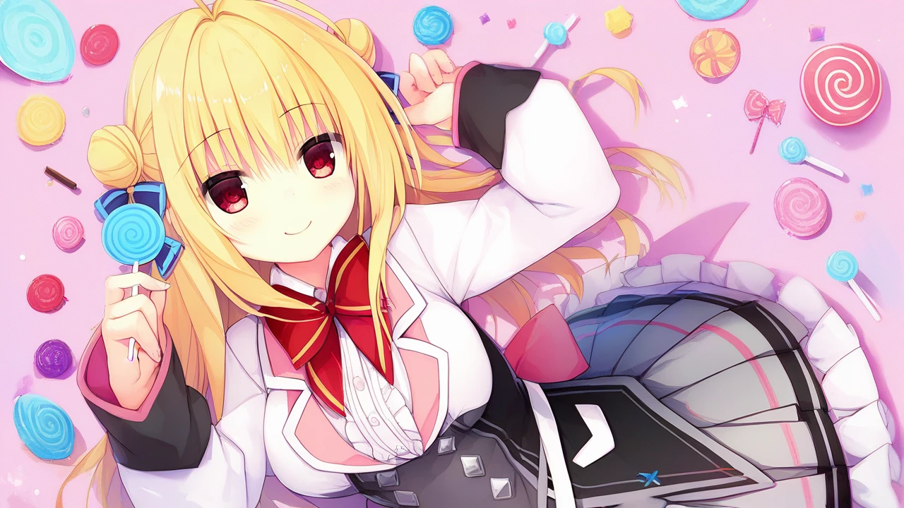 hiyori-default,red eyes,blonde hair, double bun,ahoge,school uniform, red bow,frills,shirt,pleated skirt,frilled skirt, black socks, looking_at_viewer,holding,arm_up,candy,arms_up,pocky,holding_food,swirl_lollipop,between_fingers,sleeves_past_wrists,puffy_long_sleeves,holding_candy,holding_lollipop,smiling,stretch_one_arm