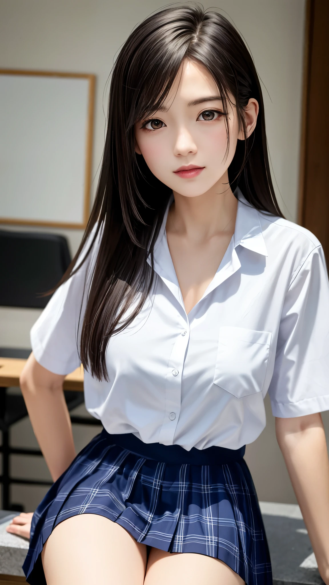 {Top Quality, Masterpiece}, (Realistic: 1.3), Wallpapers, ultra high res, ultra high quality, BREAK {{{FF7, Tifa_lockhart, solo}}},{{{Japan JK uniform, White short-sleeved shirt, Navy Blue Plaid Pleated Skirt, Dark blue short socks, loafers, see through shirt}}}, {{{Kawaii, Nogizaka idol}}}, Ultra-detailed face, Detailed eyes, Red eyes, (black brown hair, Large breasts: 1.0), About 18 years old, sensual, looking away, {{{erotic face ,erotic mouth, erotic eyes}}}, face focus:1.2, sexy pose:1.2, BREAK {{background school, class room, at Sunrise}},