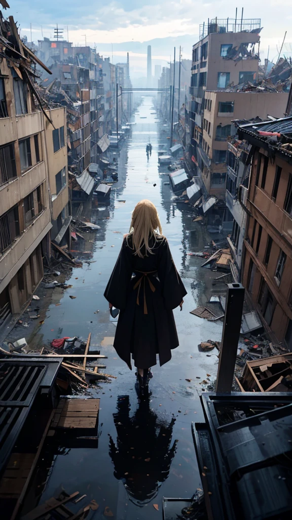 １people々々々々々々々々々々,Blonde long-haired woman，Long coat， Dress Silhouette， Rear View， Anime Style, Looking down at the city buried in rubble from the rooftop.，Collapsed building，Seeing missiles cover the sky，