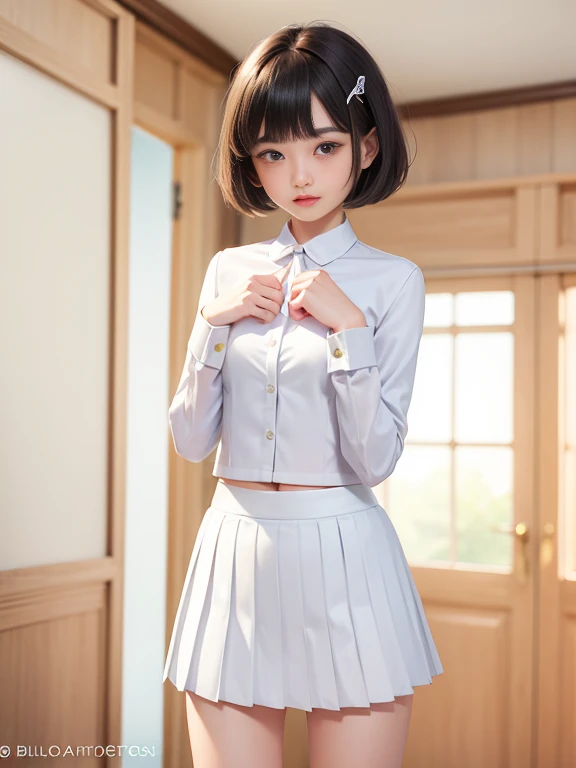 (masterpiece、Highest quality:1.7)、(11 years old:1.5)、(Above the knee shot:1.5)、Bobcut、Black Hair、85mm、16K、Official Art、RAW Photos、Best Beautiful Faces、Close-up、Violet、Gardenia、((The best beautiful girl、very cute))、Red blush on cheeks、indoor、(Are standing:1.8)、Film Grain、Chromatic Aberration、Sharp Focus、(((Nice hands、Perfect hands、Perfect Fingers、Thin and delicate fingers、A perfect body without flaws)))、Detailed face、(Slender body:1.5)、(Slender body:1.4)、(Slim upper body:1.4)、(Small breasts:1.8)、(Let your bangs hang down:1.8)、(Blushing:1.8)、(Low contrast lighting:1.2)、(White tight business blouse with collar:1.5)、(White bow tie blouse:1.4)、(Long sleeve: 1.3)、(A very short white pleated mini skirt:1.8),(Holding his chest with his palm:1.5)、Low angle from below