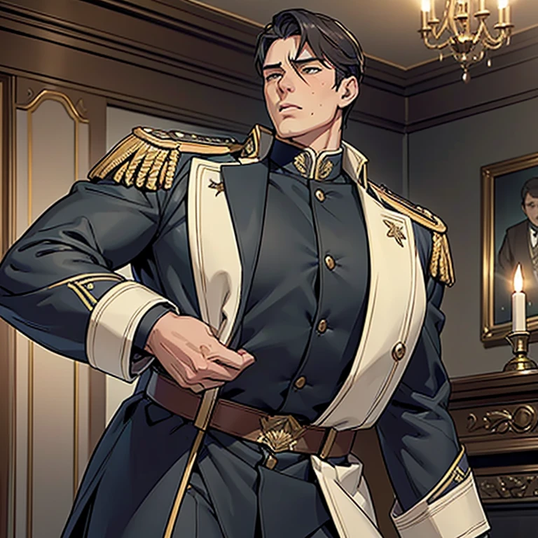 ((A handsome male general stands in a luxurious, dimly lit room. He is dressed in a military uniform that accentuates his muscular build and confidence. The uniform jacket is unbuttoned, revealing a huge manly breast)), NSFW, porn, hentai, ((His expression is intense and commanding)), The soft glow of candlelight highlights the sharp contours of his face and the details of his uniform - creating a sensual and romantic atmosphere,  (The room is decorated with rich, velvet drapes and antique furniture, adding an air of mystery and allure), ((man with huge squishy manly breasts)), ((someone is massaging his huge breasts:0.2)), ((his uniform is so tight it cant hold his huge breasts back)), ((the general drank an aphrodisiac and now feels horny)),  ((sexual assault)), ((someone aggressively grabs the general’s huge breasts:0.2)),