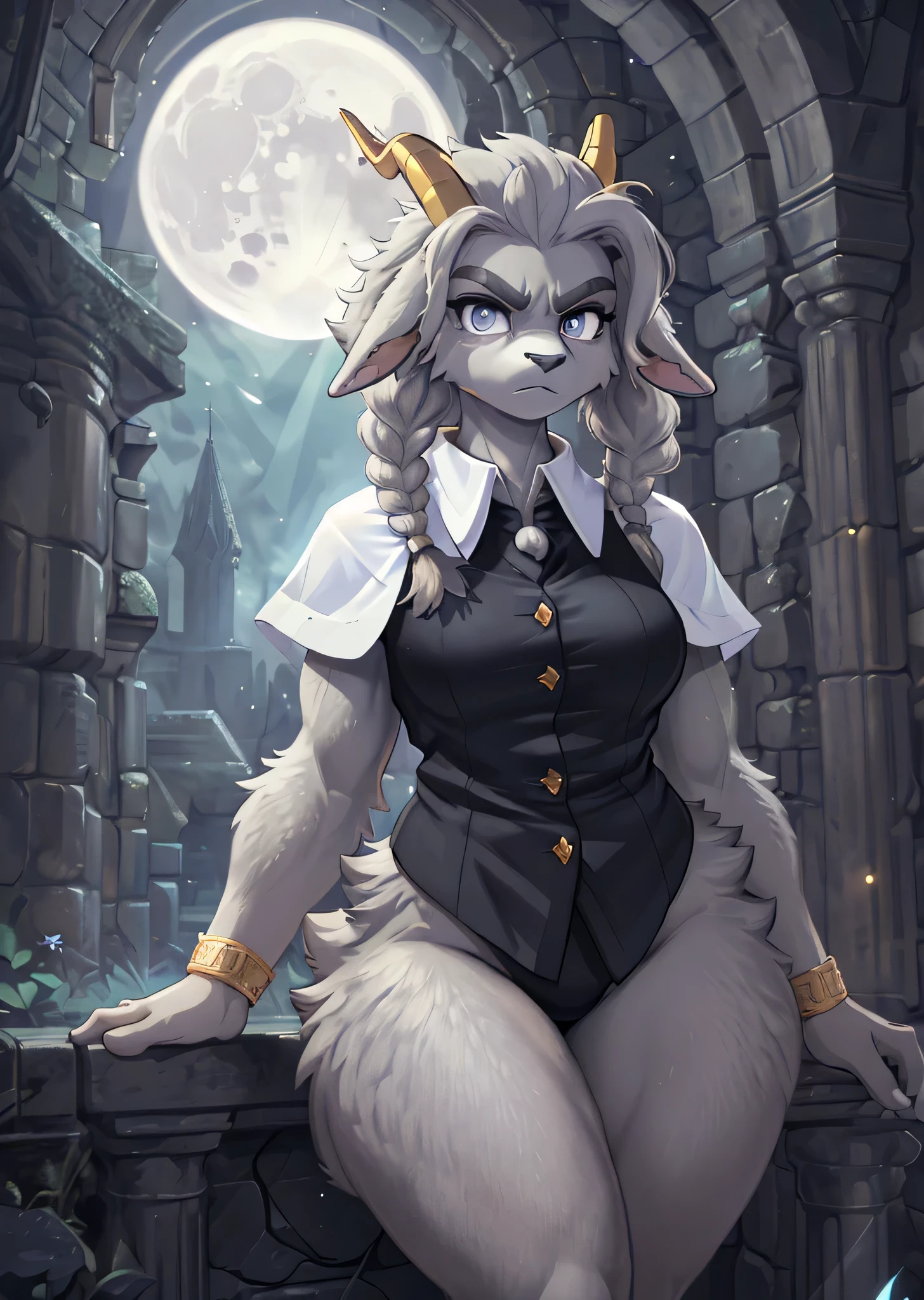 [sybil], [pseudoregalia], ((masterpiece)), ((HD)), ((high res)), ((solo portrait)), ((waist up)), ((front view)), ((detailed fur)), ((cute cartoon aesthetic)), ((detailed shading)), {(anthro goat woman), (athletic figure), (grey body fur), (black nose), (long droopy ears), (braided hair), (yellow narly horns), (bushy dark grey eyebrows), (cute indigo eyes), (long grey eyelashes), (medium breasts), (curvy hips), (love handles), (beautiful legs), (angry)}, {(black sleeveless button-up vest), (gold buttons), (white capelet), (pantless), (nude)}, {(standing), (looking at viewer)}, [ambient lighting, castle ruins, nighttime, moonlight]