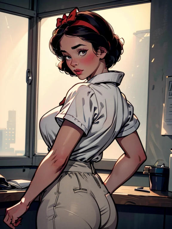 A beautiful young woman with a classic bob hairstyle and a red bow headband, wearing a white shirt and tight grey trousers, working in an office setting. She is swaying her hips and looking back at the viewer in a coy manner. (best quality,4k,8k,highres,masterpiece:1.2),ultra-detailed,(realistic,photorealistic,photo-realistic:1.37),1girl,beautiful detailed eyes,beautiful detailed lips,extremely detailed eyes and face,long eyelashes,office setting,white shirt,tight grey trousers,classic bob hairstyle,red bow headband,swaying hips,looking back at viewer,warm lighting,cinematic,elegant,high fashion