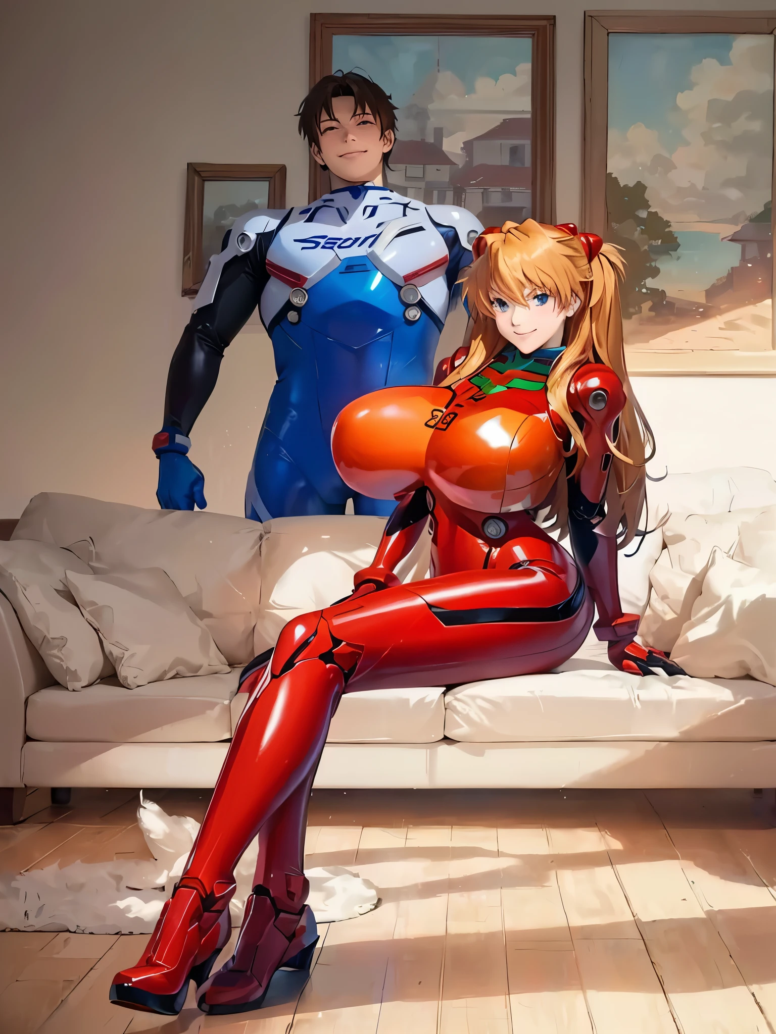 smile,looking at the camera,Anime characters sitting on a sofa in a living room, body and soul! Asuka suit, Asuka suit under clothes!, Asuka langley sohryu, Asuka langley souryuu, Asuka langley soryu, Asuka langley, BoobsCyberpunk, Asuka, Biomechanical , Female body type, Cyber Suit