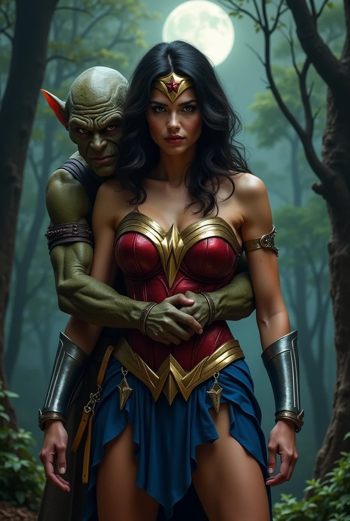 1wonder woman, 1 Goblin hugs Wonder Woman from behind., red corset, blue skit, arms up, shackles, Bondage, firm expression, helpless