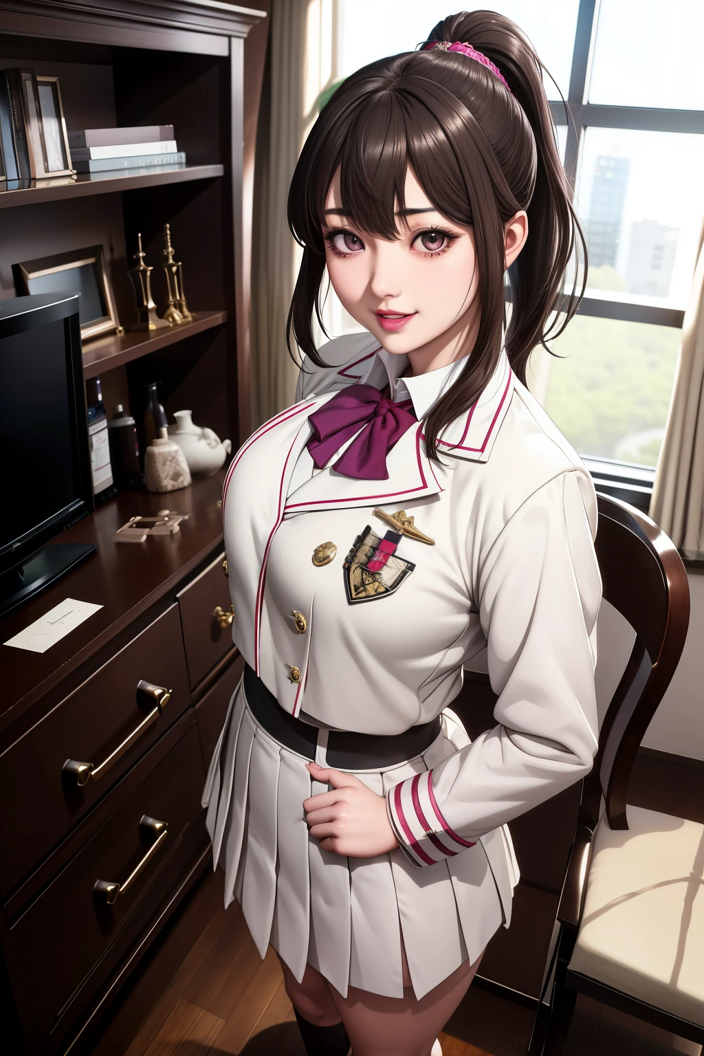 Black Eyes, 1 woman, (female)), solo, real, top quality, photorealistic, masterpiece, 8K, HDTV, solo, hdtv face, soft lighting, bedroom, ((daytime)), sky, (looking at camera), (portrait: 0.6), full-body, (medium hair), ponytail, brown hair, floating hair, lips, lipstick, seductive smile, Floating hair, smile, open mouth, teeth, eyelashes, Nogizaka 46, Moeka Tada, Akari Suda, idol, beautiful girl, ((uniform)), (((standing))