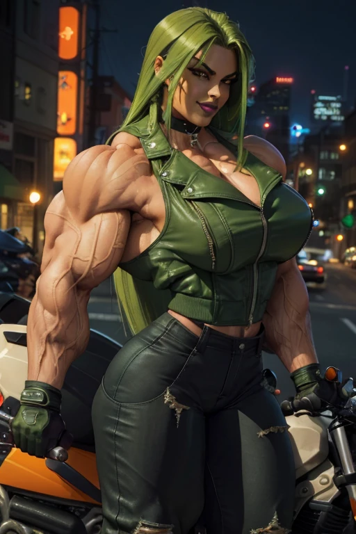 (((Close-up))), tall, (green hair) beautiful muscular woman, long curvy hair, light brown skinned, large breast, closed smile, (black lipstick), ((massive muscles)), (hyper muscle), ((ginormous bulky muscles)), orange eyes, (((sleeveless motorcyclist jacket))), (((motorcyclist pants))), boots, choker, sneakers, in a night town, 