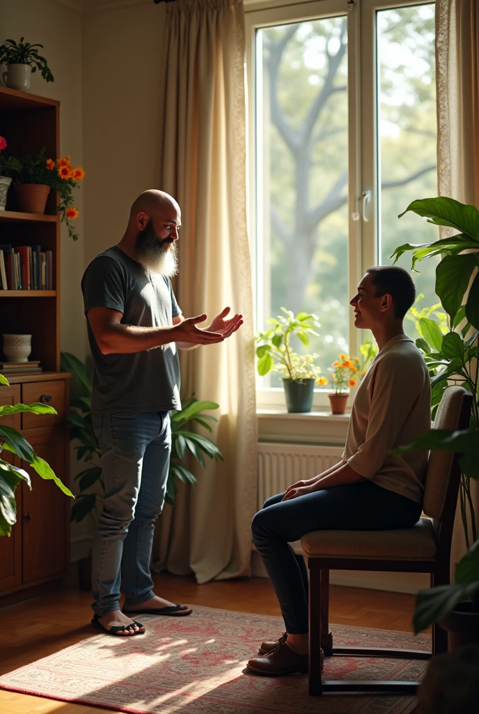 Could you make me a digital marketing image for a psychological office where you can see a bald psychologist with a short black beard and a white beard, helping a person to improve their anxiety and stress through breathing exercises in a well-lit office with flowers and a window that looks out onto a garden with trees?