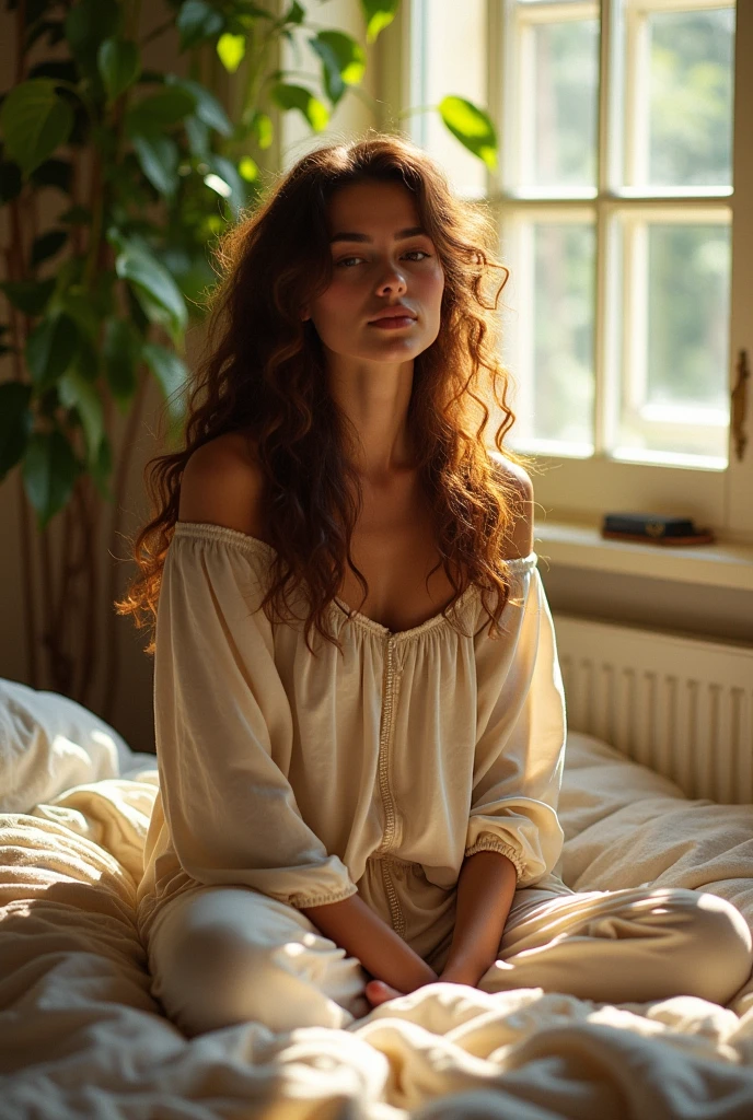 (photorealism:1.2), beautiful woman, sitting on bed, wearing loose off-shoulder top, pajama pants, long curly hair, indoors, soft lighting, plants in background, window with sunlight, cozy room, relaxed pose, realistic, intricate details, warm colors, by Greg Rutkowski, by Alphonse Mucha