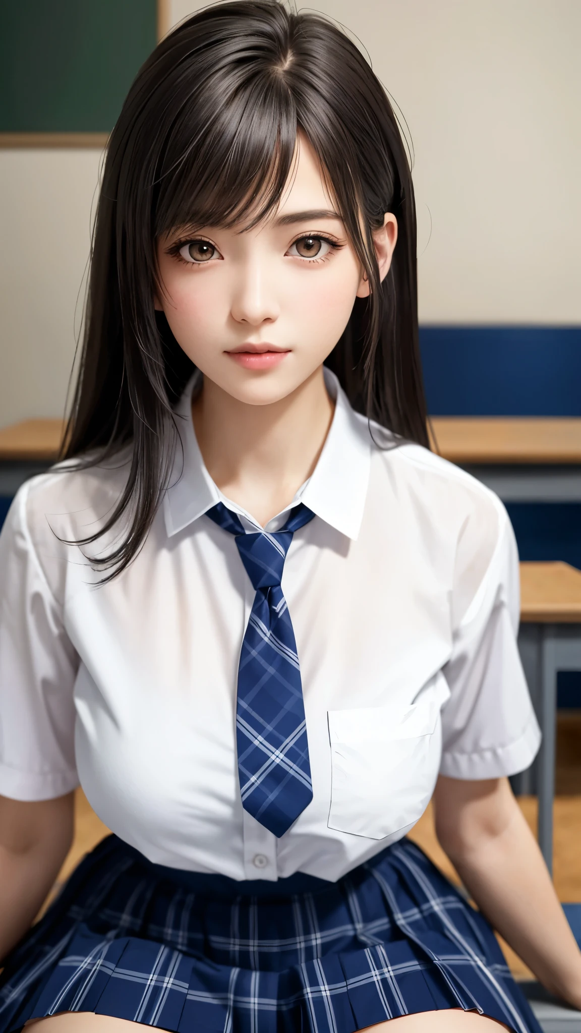{Top Quality, Masterpiece}, (Realistic: 1.3), Wallpapers, ultra high res, ultra high quality, BREAK {{{FF7, Tifa_lockhart, solo}}},{{{Japan JK uniform, White short-sleeved shirt, Navy Blue Plaid Pleated Skirt, Dark blue short socks, loafers, see through shirt}}}, {{{Kawaii, Nogizaka idol}}}, Ultra-detailed face, Detailed eyes, Red eyes, (black brown hair, Large breasts: 1.0), About 18 years old, sensual, looking away, {{{?????? face ,?????? mouth, ?????? eyes}}}, face focus:1.2, sexy pose:1.2, BREAK {{background school, class room, at Sunrise}},
