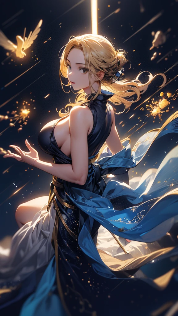 masterpiece, high quality, 4K, Beautiful design, silhouette，blonde， 非常に詳細な夜のStarry Sky,Cold ice world， wonderful, Finer details,  Very knowledgeable woman, Highly detailed solo, 1 female,Big Breasts，Butt Emphasis，High-neck dress，Sleeveless，Night view，Starry Sky，full moon，How to sit，firework，