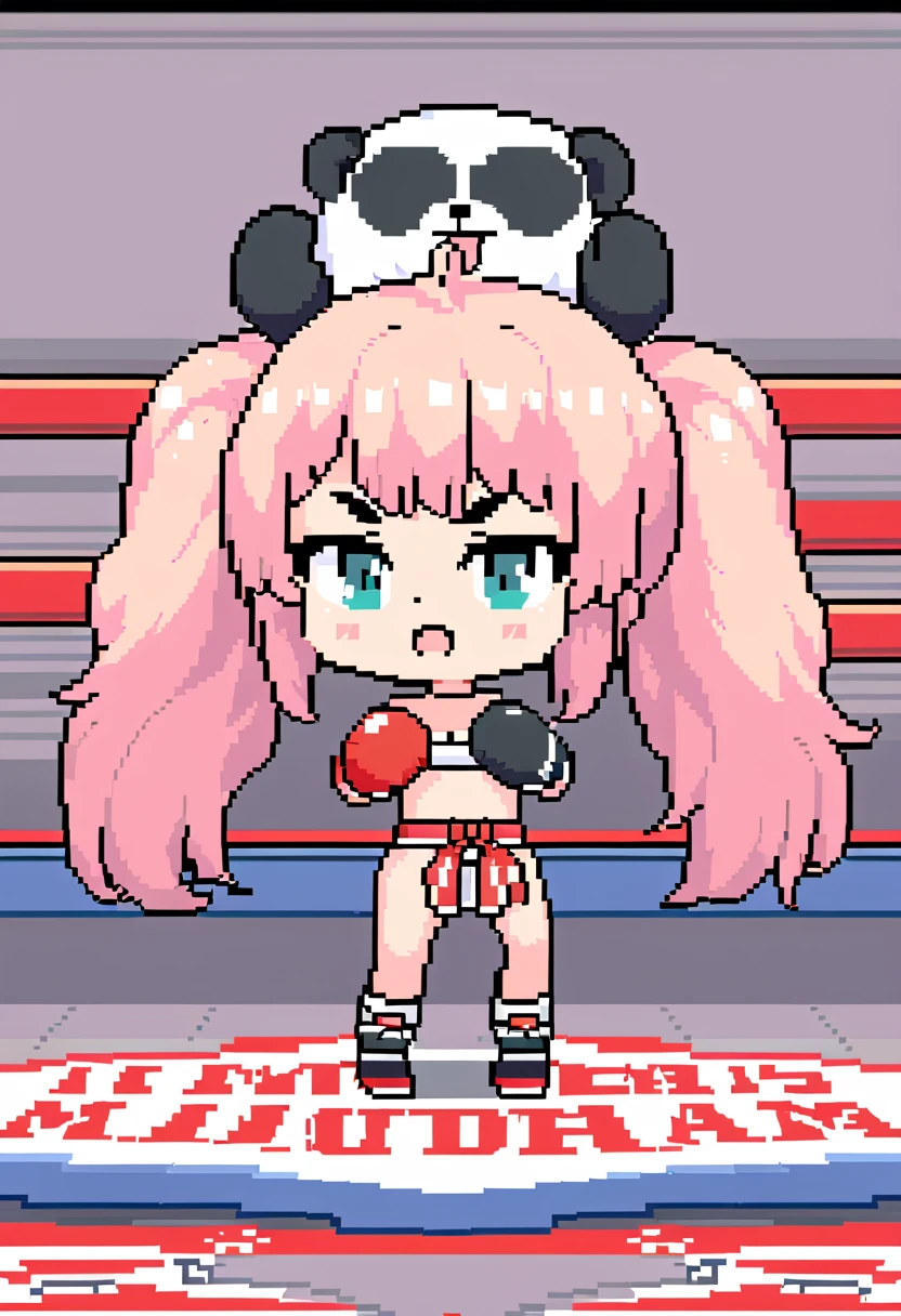 masterpiece, Highest quality, 8k, Pixel art, Pixel art, Vivid, (Muay Thai Fighter, Murder Panda, Fighting) break Little Sheep, young woman, Open your mouth, Fluffy hair, Long Hair, Hair like sheep's hair, Pink Hair, eyebrow, 太いeyebrow, I'm rooting for you