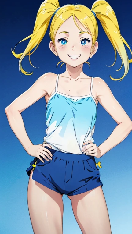 Pluto Anime Style、1girl, Bubbles 、yellow-blonde hair, blue eyes, short twintails, pigtails、(eye focus:1.3,face focus,cowboy shot),(gradient eyes:1.3),(camisole, sexy, panties)、open mouth,(grin:1.3),forehead, cute face、hand on own hip,