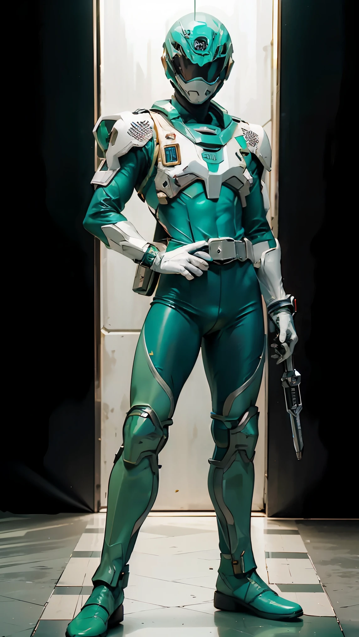 1boy, white, full body, Illustration, cinematic light, high resolution, best quality, ultra detailed, masterpiece, power suit, powerranger, suit, spd, (silver royal guard ranger suit), gold detail, ((((green suit)))