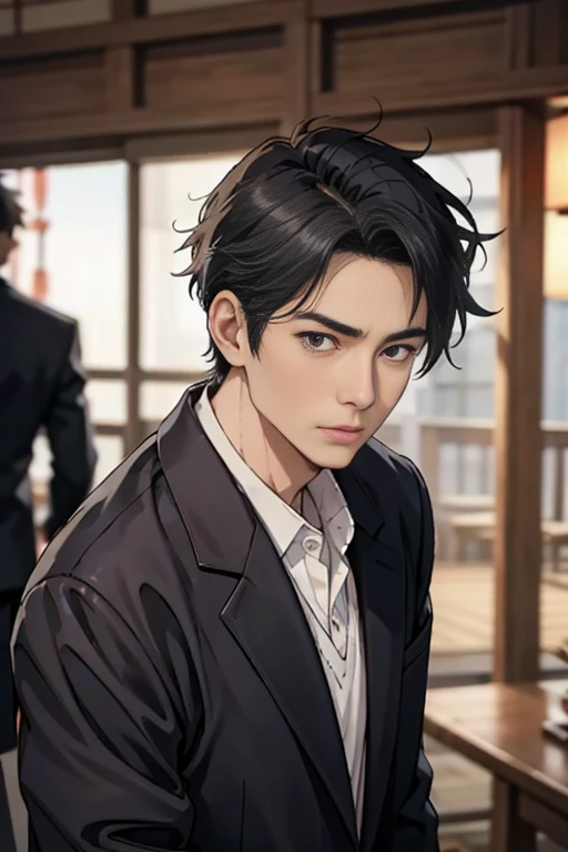60-year-old elderly male,Tall and lean,Romance Gray,Japanese,sharp businessman,Realistic suit,Sense of luxury,Anime Style