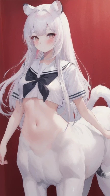 (best quality, masterpiece), 1 girl, centaur, I beg, White skin, Korean schoolgirl,black pink, exposing the abdomen, beautiful girl perfect, White tiger photo, 완벽한 White tiger photo