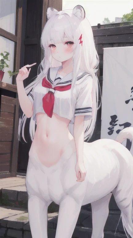 (best quality, masterpiece), 1 girl, centaur, I beg, White skin, Korean schoolgirl,black pink, exposing the abdomen, beautiful girl perfect, White tiger photo, 완벽한 White tiger photo