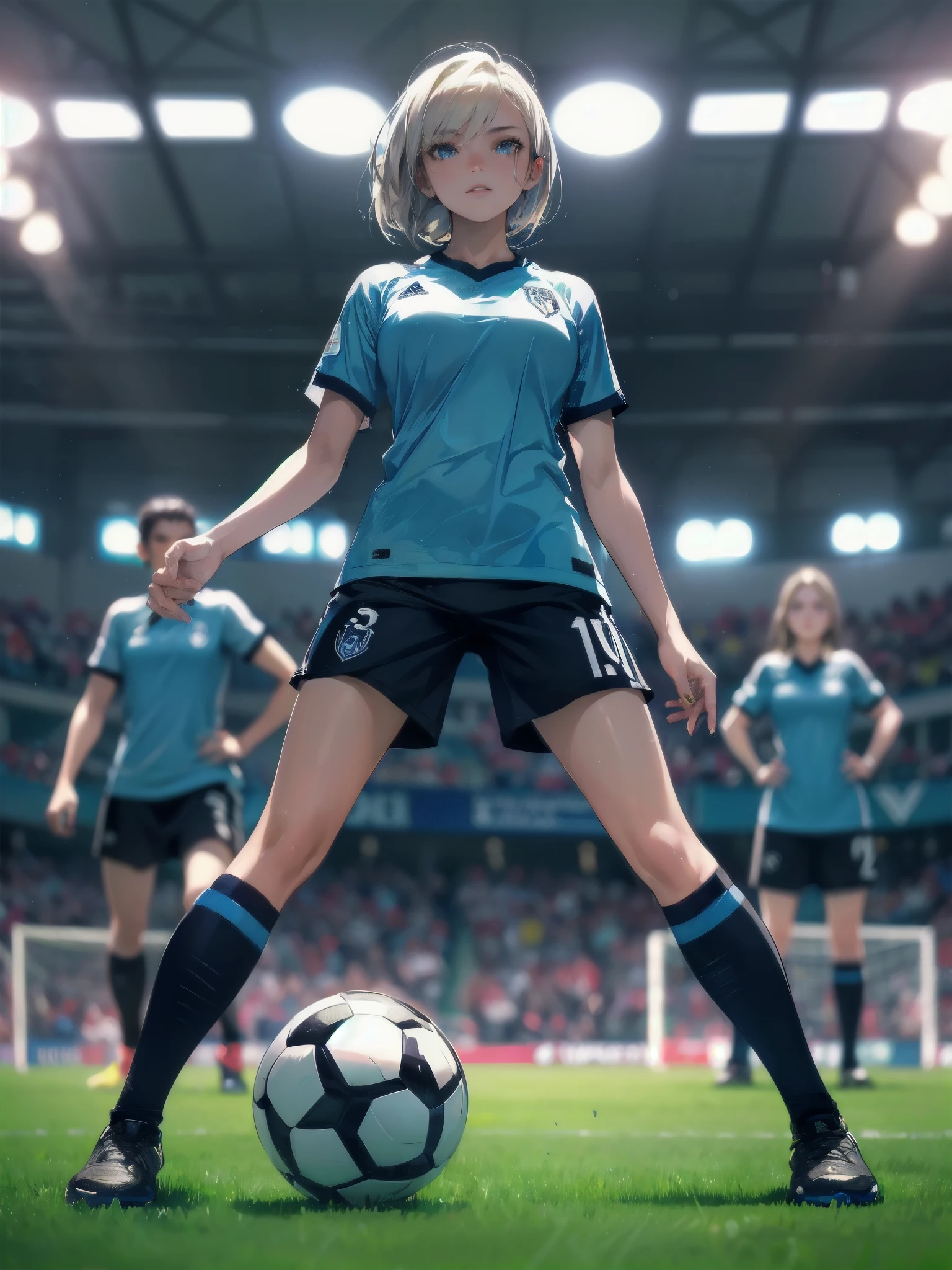 masterpiece, (textured skin), best quality, gorgeous beautiful girl, (a female soccer athlete), detailed clothes,large breasts,narrow waist,, (beautiful face), cinematic lighting, (at soccer venue ),