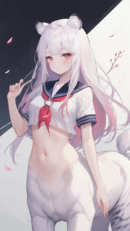 (best quality, masterpiece), 1 girl, centaur, I beg, White skin, Korean schoolgirl,black pink, exposing the abdomen, beautiful girl perfect, White tiger photo, 완벽한 White tiger photo