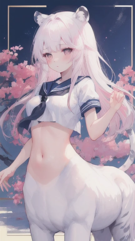 (best quality, masterpiece), 1 girl, centaur, I beg, White skin, Korean schoolgirl,black pink, exposing the abdomen, beautiful girl perfect, White tiger photo, 완벽한 White tiger photo