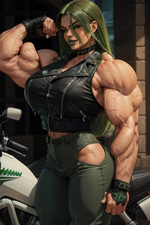 (((Close-up))), tall, (green hair) beautiful muscular woman, long curvy hair, light brown skinned, large breast, closed smile, (black lipstick), ((massive muscles)), (hyper muscle), ((ginormous bulky muscles)), orange eyes, (((sleeveless motorcyclist jacket))), (((motorcyclist pants))), boots, choker, sneakers, in a night town,