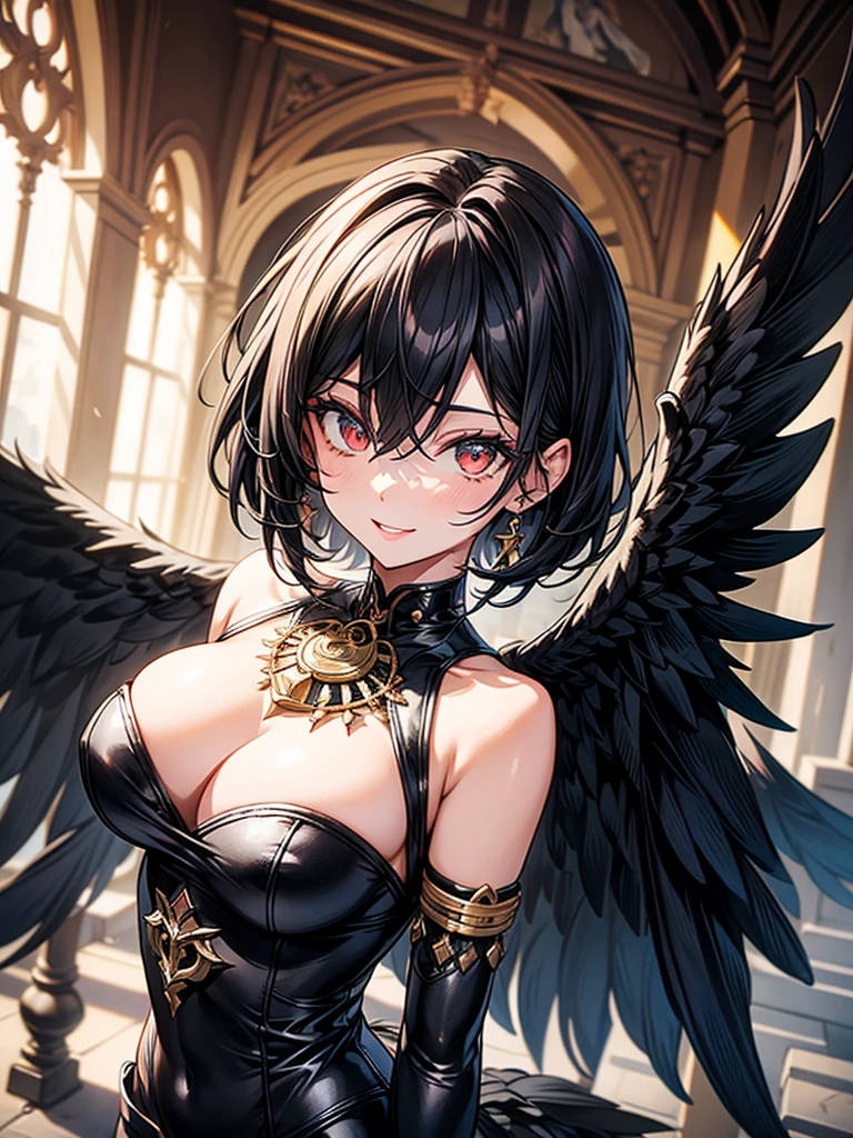 Full high, looks at the viewer, short black hair, beautiful hair, Perfect eyes, blood EYES, Light makeup, Lip make-up, seductive smile, Sub, masterpiece, details, saturation, cute face, Charm, 1 girl, Focus on the girl, lean slightly, in the medieval street, day, View from the rear, tatto on the face, dark wings, big wings, detailing wings