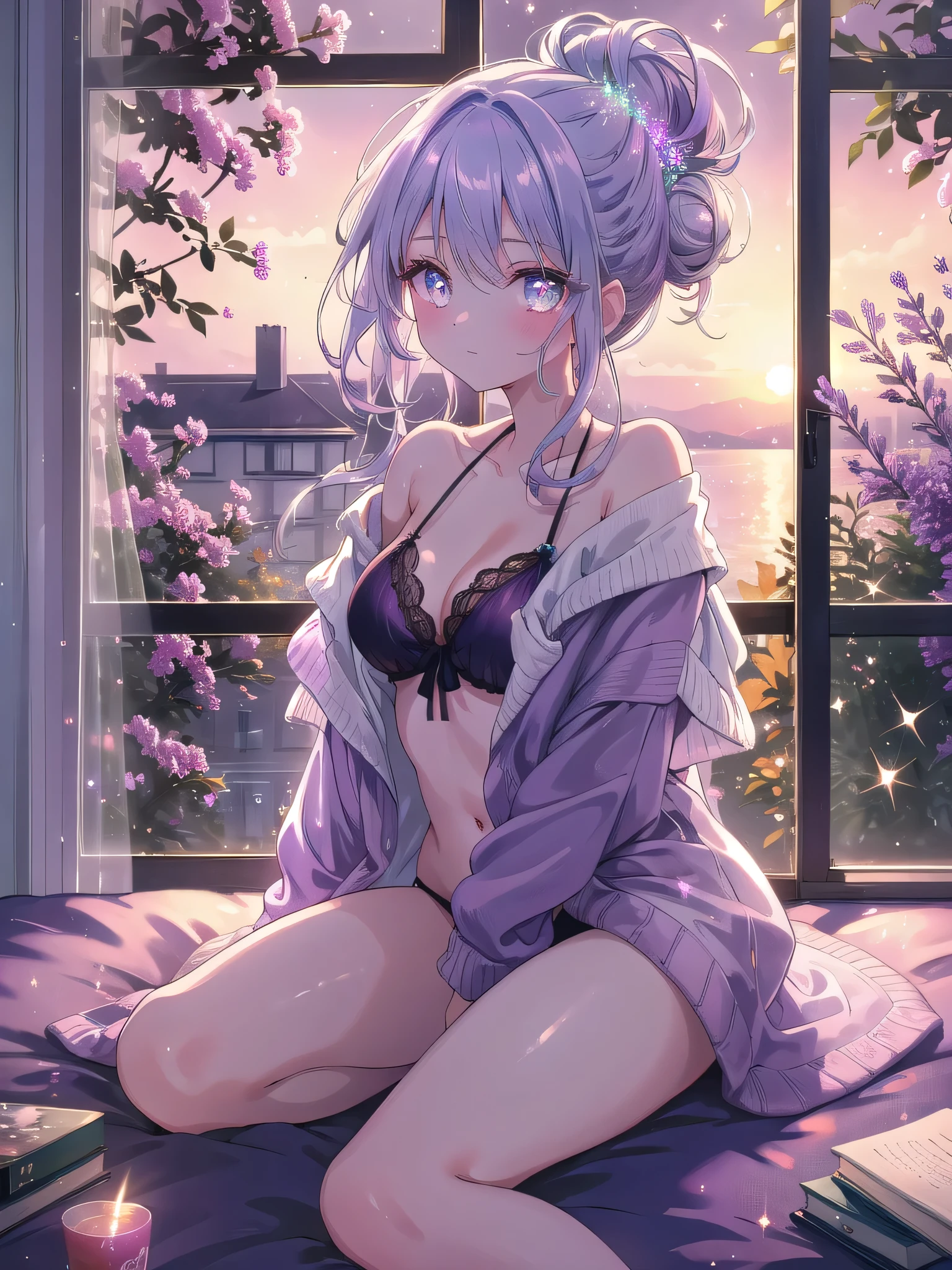 ((8k, Highest quality, masterpiece: 1.3)),Ultra-high resolution,(1 girl, alone), (Color changing eyes, Ultra-detailed, Expressive brilliance, Glitter, Glowing Eyes), Highly detailed eyes, Highly detailed face, Random Hair, ((pastel colour)),A relaxed young woman with pastel lavender hair styled into a messy bun, sitting on the windowsill of her bedroom during a quiet evening. She is wearing a dark purple bikini that contrasts beautifully with her fair skin. The camera captures her from behind as she gazes out the window, her legs slightly apart and her hands resting on the sill, creating a relaxed and contemplative pose. As she shifts into another pose, she sits cross-legged on the floor, leaning back on her hands with a soft smile, her body framed by the warm glow of the setting sun. The room is cozy and dimly lit, with soft shadows adding to the tranquil atmosphere.