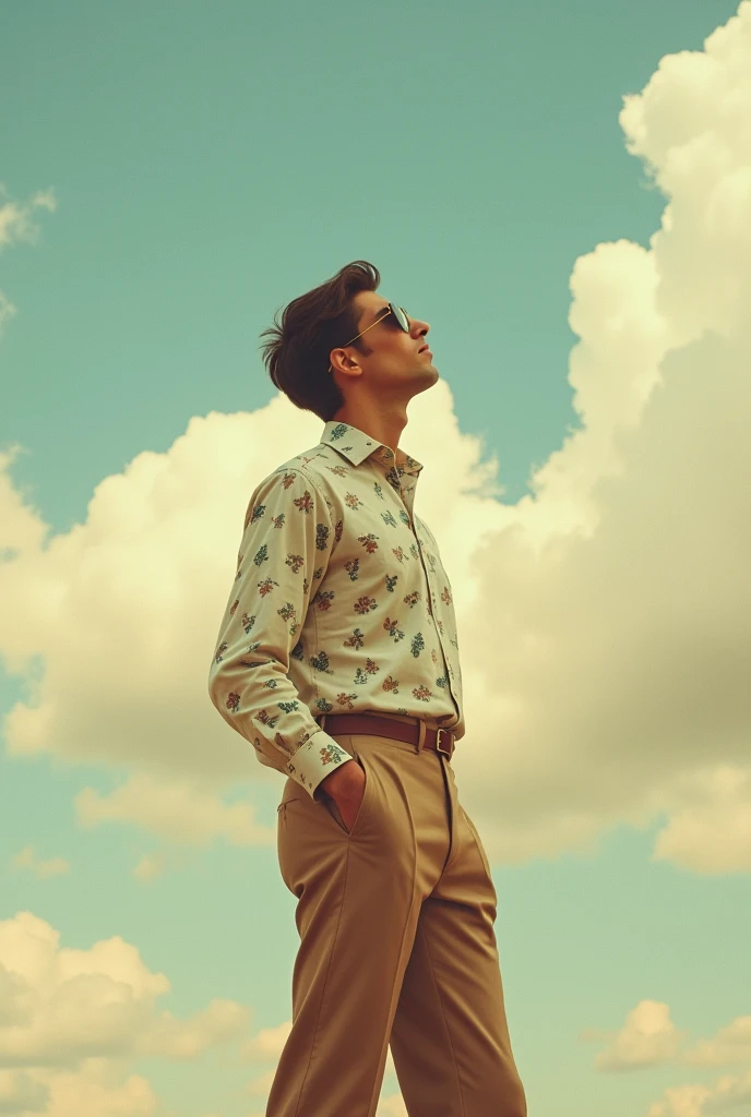 a guy standing straight and looking up at the sky, from right profile view and give it a retro look and the whole body should be visible, head to toe, not the upper half only.
