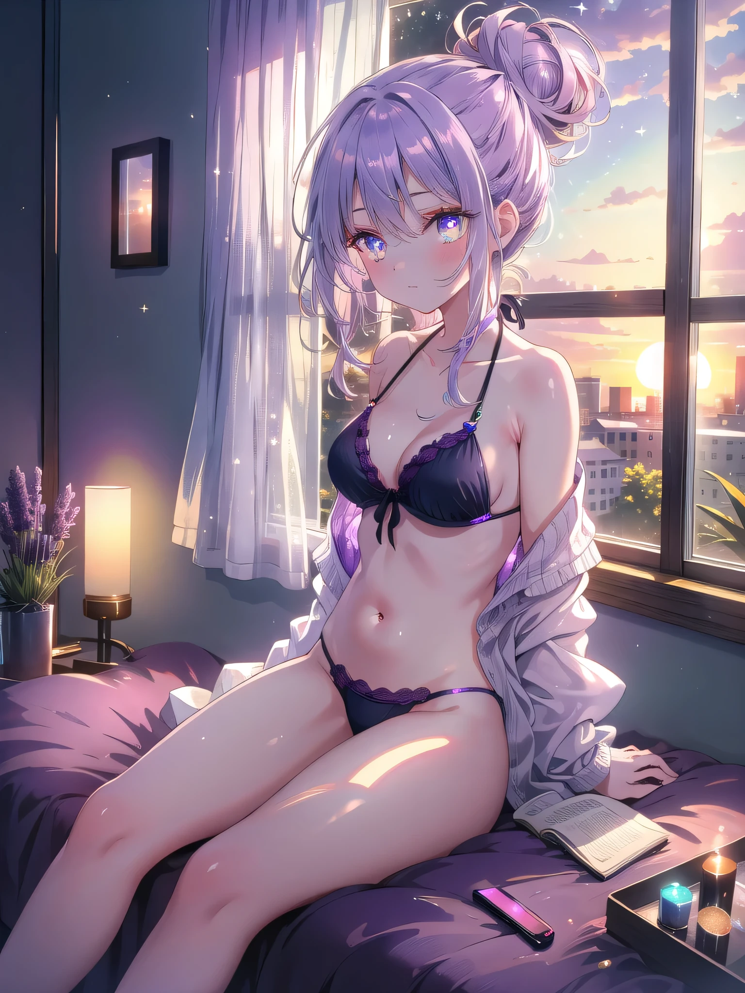 ((8k, Highest quality, masterpiece: 1.3)),Ultra-high resolution,(1 girl, alone), (Color changing eyes, Ultra-detailed, Expressive brilliance, Glitter, Glowing Eyes), Highly detailed eyes, Highly detailed face, Random Hair, ((pastel colour)),A relaxed young woman with pastel lavender hair styled into a messy bun, sitting on the windowsill of her bedroom during a quiet evening. She is wearing a dark purple bikini that contrasts beautifully with her fair skin. The camera captures her from behind as she gazes out the window, her legs slightly apart and her hands resting on the sill, creating a relaxed and contemplative pose. As she shifts into another pose, she sits cross-legged on the floor, leaning back on her hands with a soft smile, her body framed by the warm glow of the setting sun. The room is cozy and dimly lit, with soft shadows adding to the tranquil atmosphere.