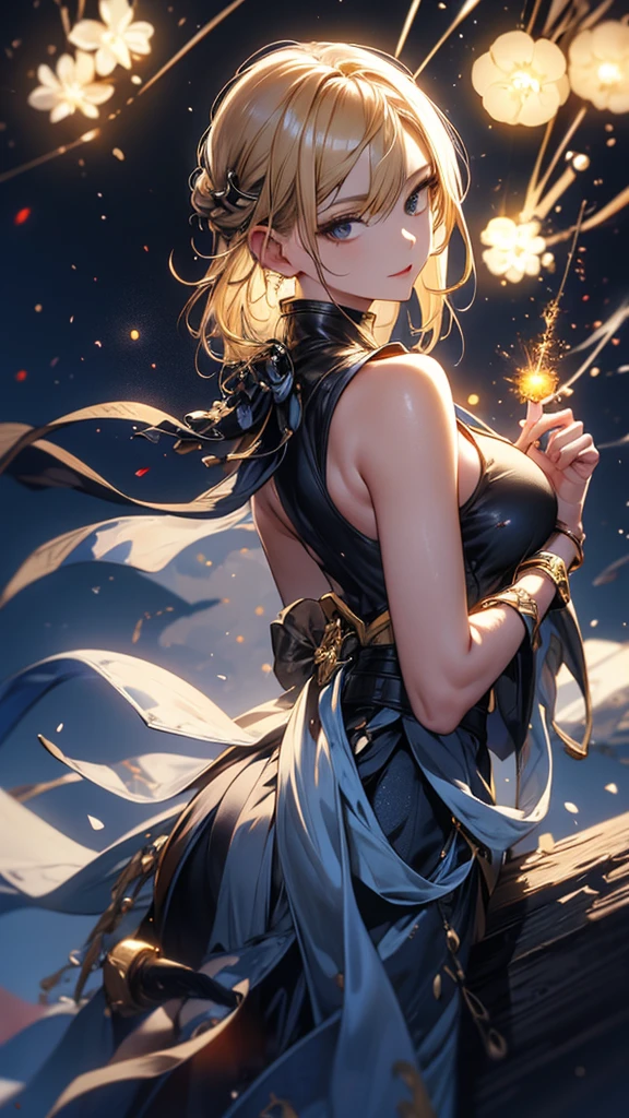 masterpiece, high quality, 4K, Beautiful design, silhouette，blonde， 非常に詳細な夜のStarry Sky,Cold ice world， wonderful, Finer details,  Very knowledgeable woman, Highly detailed solo, 1 female,Big Breasts，Butt Emphasis，High-neck dress，Sleeveless，Night view，Starry Sky，full moon，How to sit，firework，
