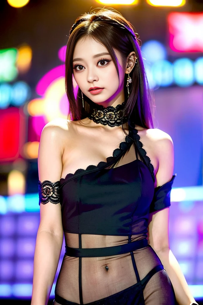 Tzuyu 1, woman, (Realistic), (Hyperrealism), (photoRealistic), Written boundary depth, eye make up:0.7 (whole body:1.8), (Large Bust),(Tight waist), Observe the audience,At the flower garden, Fashion Model, A sexy sheer dress made of all lace with an open shoulder and neckline.