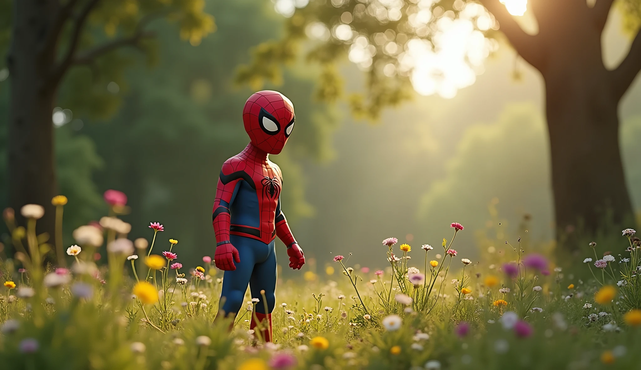 Spider-Man is in the countryside, in the forest, there are no tall buildings, he looks very embarrassed, timid