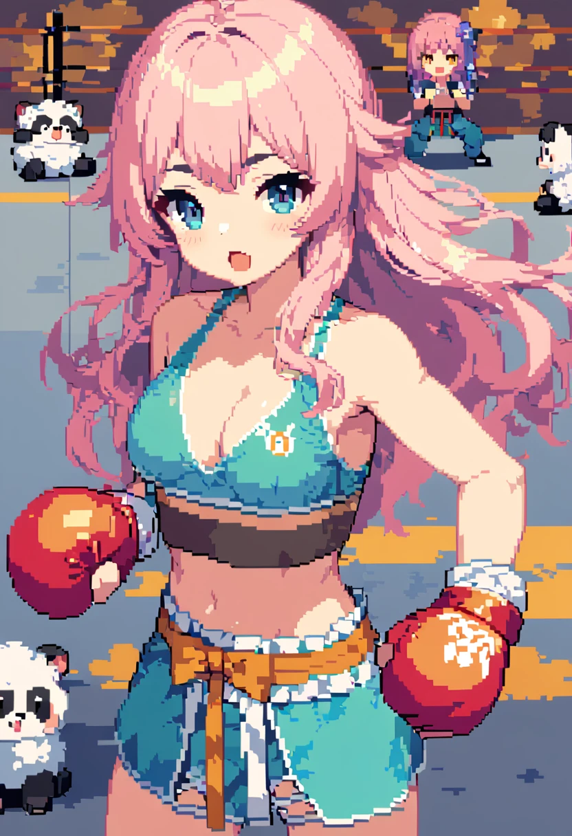 masterpiece, Highest quality, 8k, Pixel art, Pixel art, Vivid, (Muay Thai Fighter, Fighting killer pandas) break Little Sheep, young woman, Open your mouth, Fluffy hair, Long Hair, Hair like sheep's hair, Pink Hair, eyebrow, 太いeyebrow