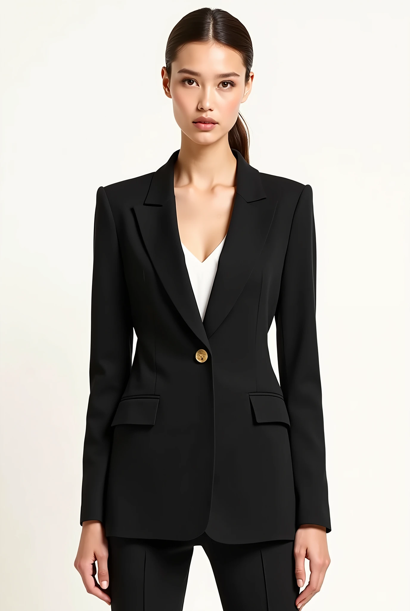 Create a fashion poster featuring a women's blazer as the main product, with the brand name 'N'Lin' prominently displayed in the image. The poster should exude elegance and sophistication, appealing to young women with a refined and trendy sense of style. Use a minimalist design with a clean background, focusing on the blazer's details and quality. The typography should be sleek and modern, and the placement of 'N'Lin' should be tasteful yet noticeable, reinforcing the brand's identity within the high-fashion market.