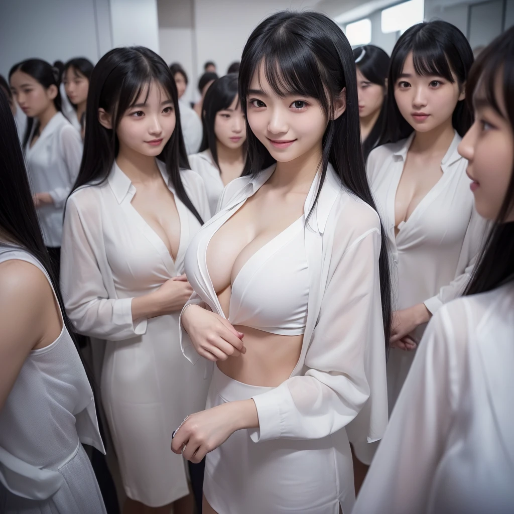 [Japanese cloning girls], [Perfect Clone girls Raw Photography Art], (16K, Highest quality, Ultra-high resolution, Unrealistic, Unprecedented sight, Clone Girls: The World of Proliferation, Ultra-realistic), (Japanese, woman, 26-year-old), (((Small face, Thick black hair, Semi-long hair))), ((Very beautiful detailed girls, Accurate body structure, Very detailed body)), (((((Big Breasts, J-Cup))))), (((White shirt, Big Breasts強調, I can see the cleavage, Black Mini Skirt, Dark Eyes, Mature face))), (Cute Smile, Smiling face, A gentle gaze), ((Detailed depiction, clone girls, Happy laughter, Lovely Smile, Pleasant conversation)), (((((Very detailed, 1girl-1,000,000cloning))))), ((100girls, 6+girls, multiple girls)), (((((Very detailed depiction of the other self, Perfectly the same girl, The exact same smile, The exact same hairstyle, Perfect same clothes, Exactly the same height, Perfect same J-cup))))), (((Very detailed, clone girls only))), (1,000,000,000,000,000,000clone girls), ((Extremely crowded, Body adhesion)), (Bright and soft light), (((Accurate perspective depiction, Depth of subject, Same perspective as girls))), Alluring, Fun erotic, Everyone is sexy