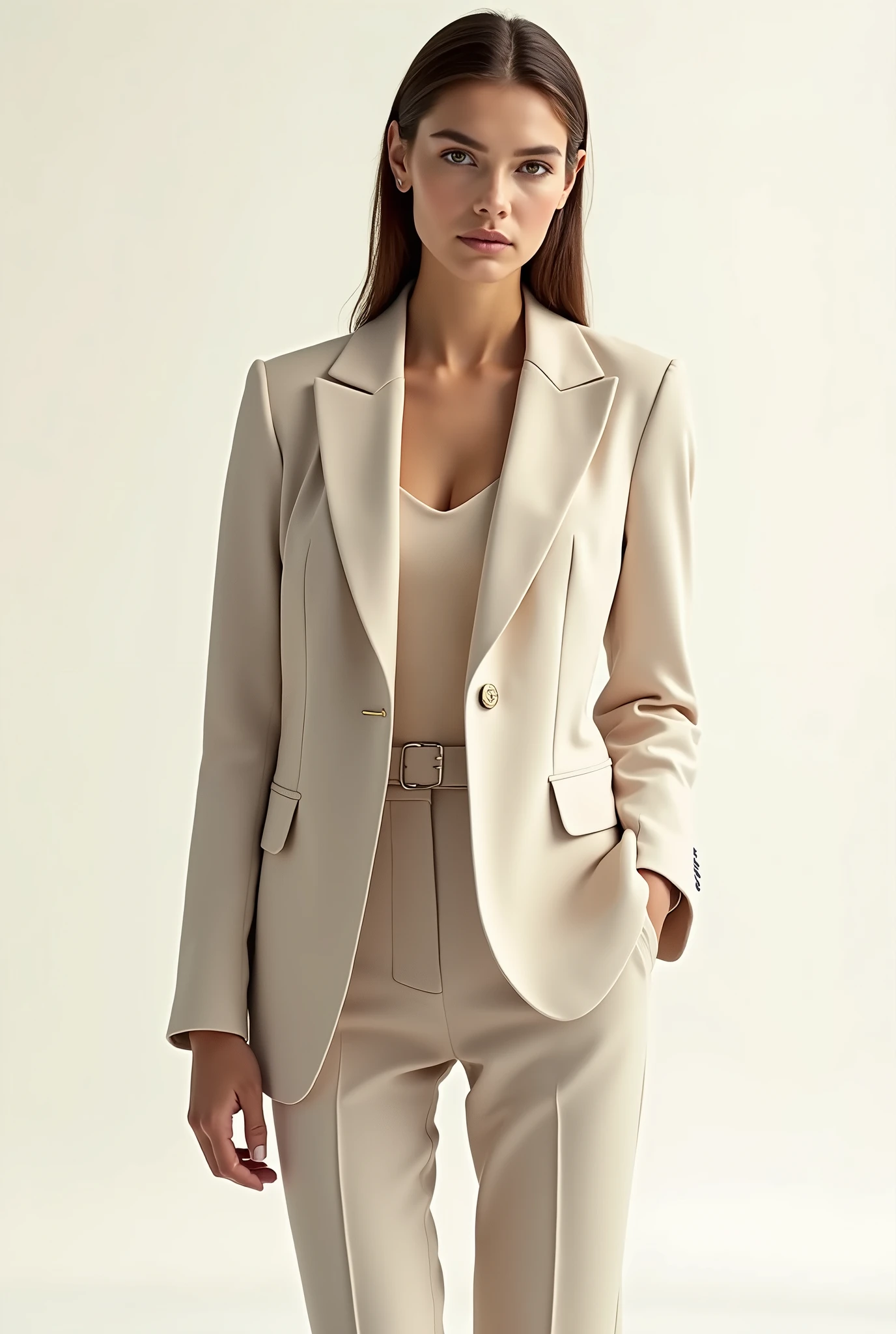 Create a fashion poster featuring a women's blazer as the main product, with the brand name 'N'Lin' prominently displayed in the image. The poster should exude elegance and sophistication, appealing to young women with a refined and trendy sense of style. Use a minimalist design with a clean background, focusing on the blazer's details and quality. The typography should be sleek and modern, and the placement of 'N'Lin' should be tasteful yet noticeable, reinforcing the brand's identity within the high-fashion market.