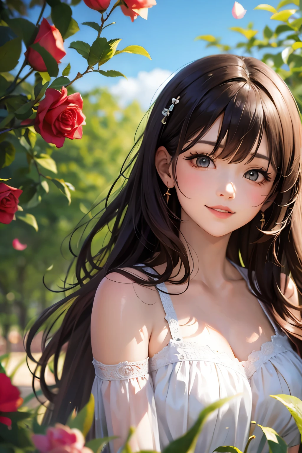 Beautiful brown haired girl smiling in a rose garden under the shining sun