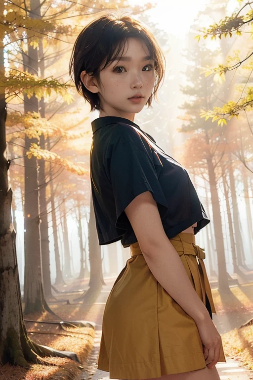 a beautiful japanese college girl with some freckles on her face inspired by hamada hideyaki shot by contax g1 with portra 800 film roll, ((short hair)),  ((yellow trees forest)), autumn,scenery:1.25,((intricate scenery)),((autumn forest background)), ((sun rays)), ((front view:1.4))