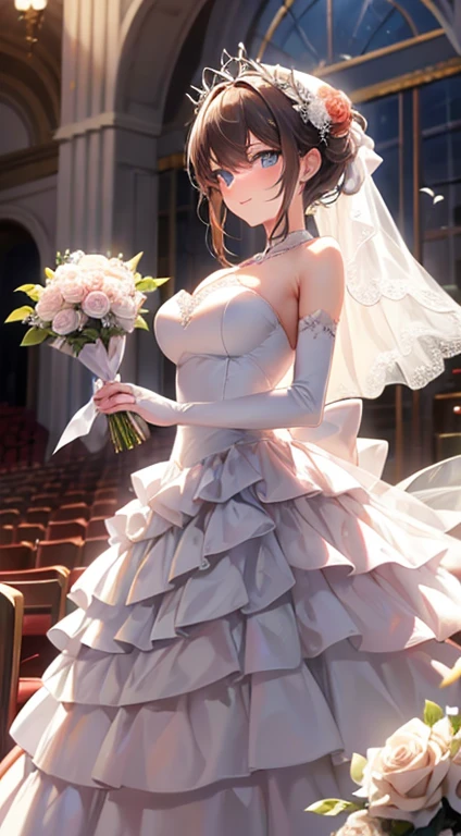 wedding gown,auditorium,Flying white doves,Holding roses in hand,divino