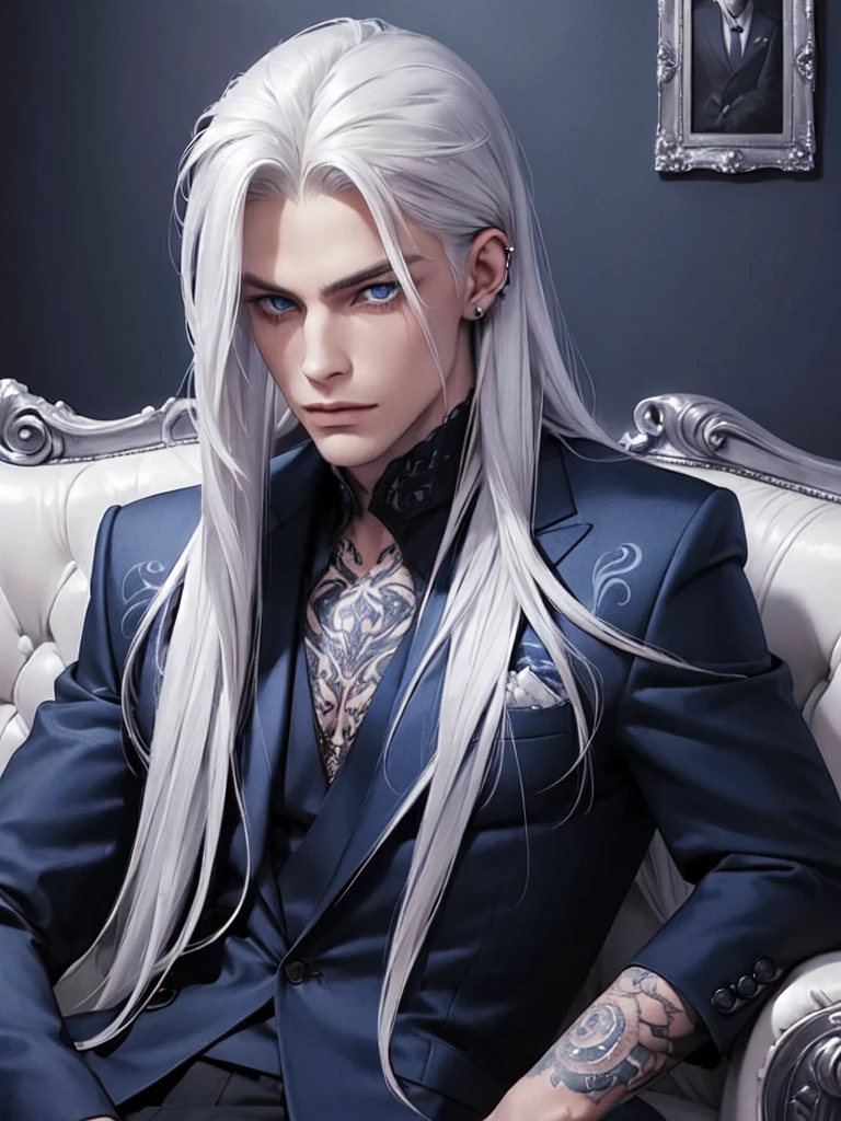 ((portrait)) ((fully dressed)) ((handsome man)) ((Long platinum hair)), Blue eyes, tattoos, dominant, sitting on the couch, piercing, seductive look, Long platinum hair, half-up "wolf cut"