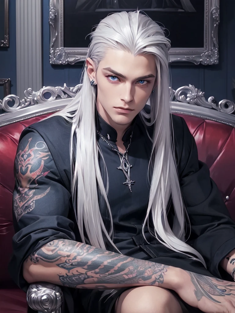 ((portrait)) ((fully dressed)) ((handsome man)) ((Long platinum hair)), Blue eyes, tattoos, dominant, sitting on the couch, piercing, seductive look, Long platinum hair, half-up "wolf cut"