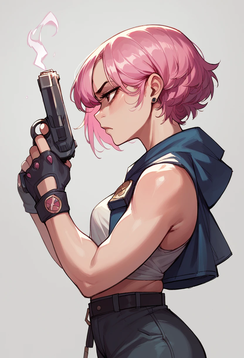 (masterpiece, best quality:1.2), 1girl, solo , side view , front view , pink hair , design , pistol in hand