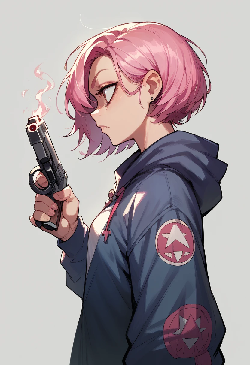 (masterpiece, best quality:1.2), 1girl, solo , side view , front view , pink hair , design , pistol in hand