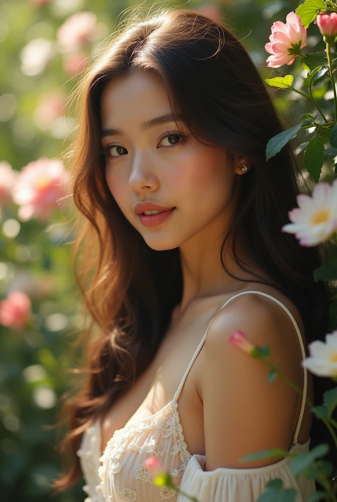 a beautiful nude girl, detailed face, detailed eyes, detailed lips, long eyelashes, ethereal, serene expression, flowing hair, glowing skin, delicate features, graceful pose, intricate floral background, lush garden, natural lighting, soft colors, photographic, high quality, 8k, hyper detailed, masterpiece