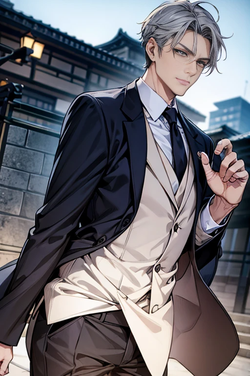 60-year-old elderly male,Tall and lean,Romance Gray,Japanese,sharp businessman,Realistic suit,Sense of luxury,Anime Style