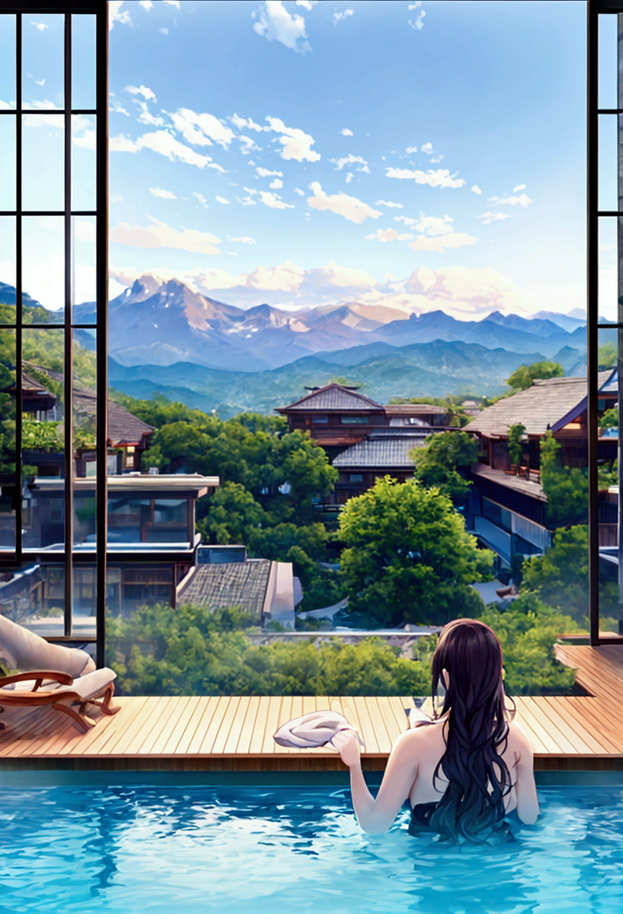 there is a pool in the middle of a house with a view of the mountains, beautiful render of a landscape, relaxing environment, integrated in the mountains, luxurious onsens, high quality wallpaper, luxury hd render, high-quality wallpaper, paradise in the background, beautiful scenic view, 8 k landscape render, stunning nature in background, luxurious environment, relaxing atmosphere
